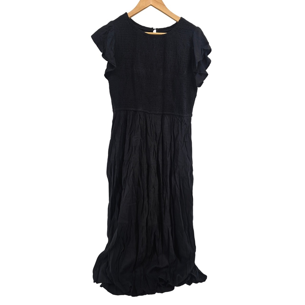 MEROKEETY Maxi Dress Womens XL Smocked Tiered Flutter Sleeve Black NEW